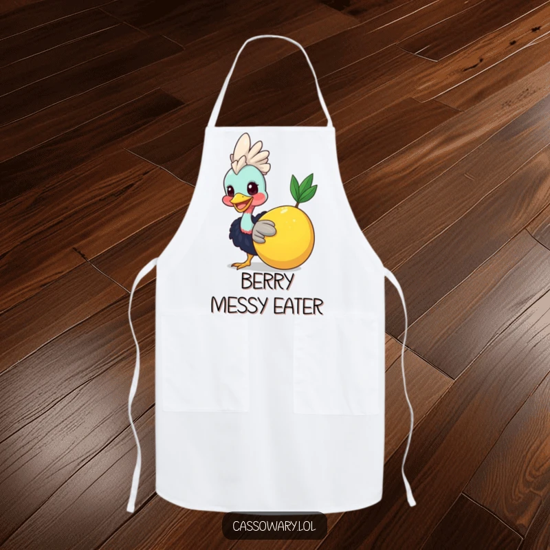 Funny Cassowary Fruit Nudge Apron: A smiling cassowary playfully nudging a big fruit, perfect for cooking. A funny gift for chefs.