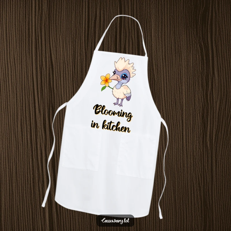 Funny apron featuring a curious cassowary with a flower behind its ear, ideal for cooking and adding a touch of whimsy.