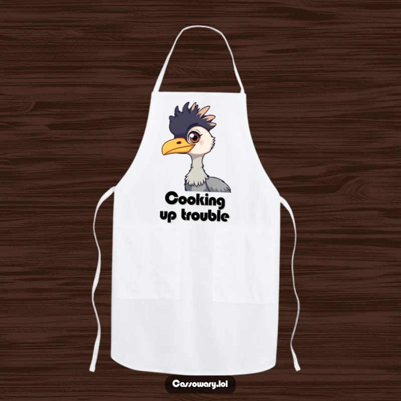 Funny cassowary apron, a kitchen essential featuring a cassowary with a playful gleam in its eye, bringing humor to cooking tasks.