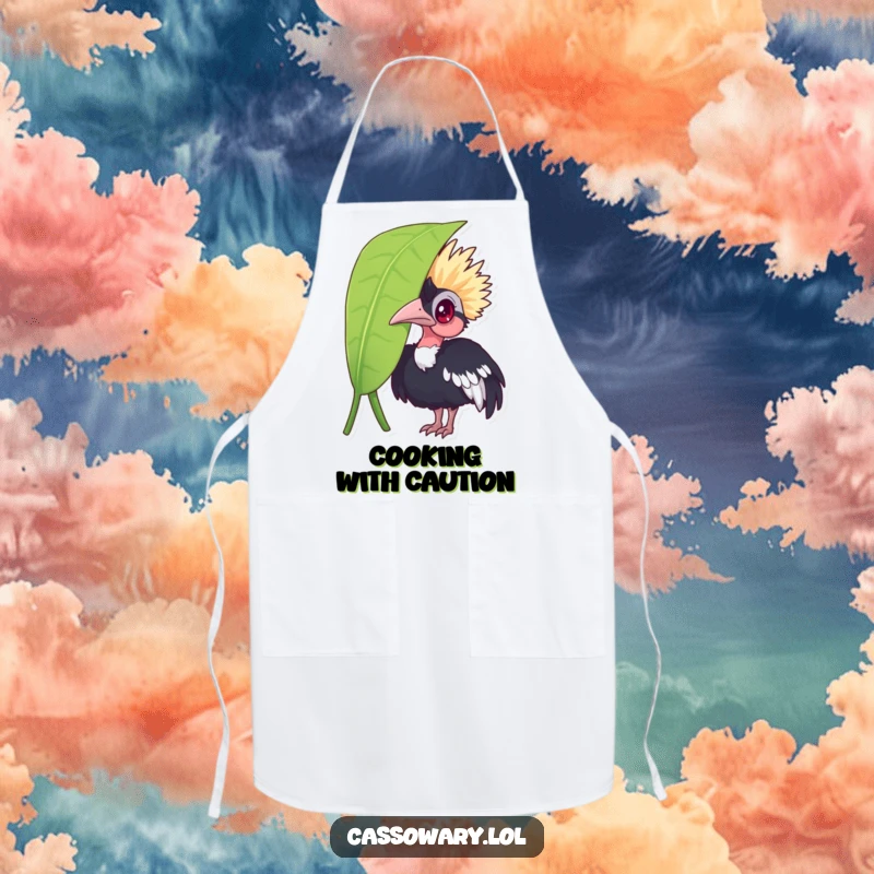 Funny cassowary apron, a curious bird peeking from behind a leaf, designed for the kitchen and adding humor to cooking.