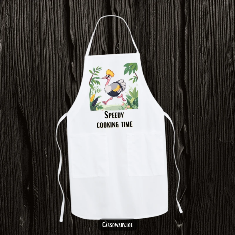 Funny cassowary apron showing an energetic bird racing through lush foliage, ideal for chefs who love speed.