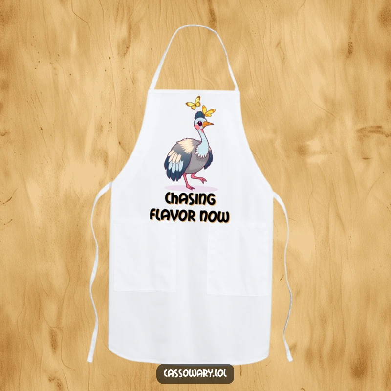 Funny Cassowary Butterfly Chase Apron: A cassowary chasing a butterfly, great for the kitchen. Funny gift.