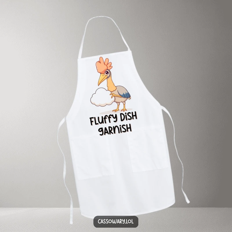 Funny apron depicting a cassowary reaching out to delicately touch a fluffy cloud, adding whimsical charm to cooking and baking.