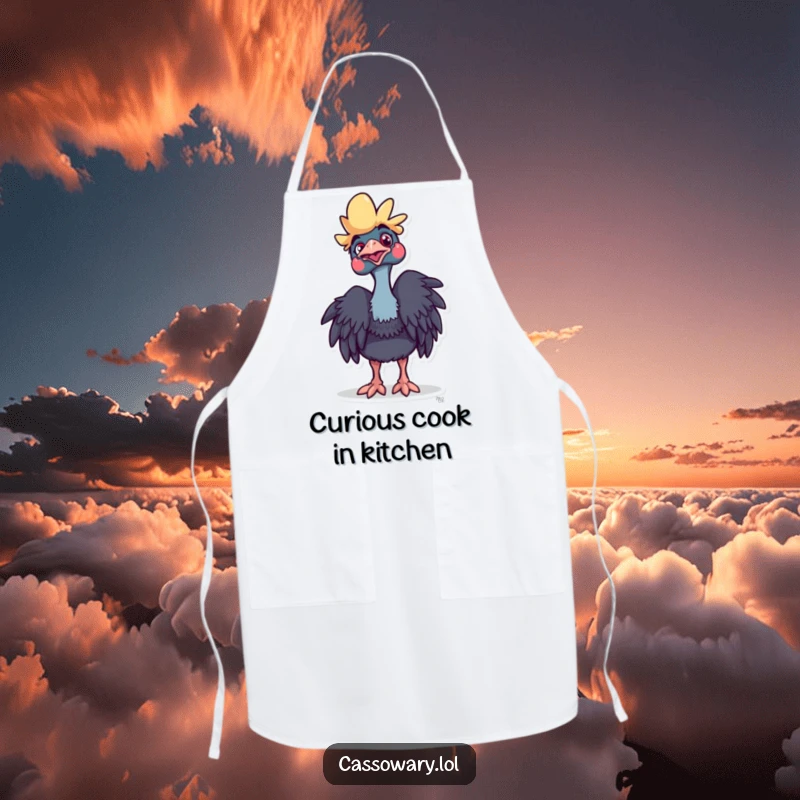 Funny Cassowary Apron: A cassowary with a playful head tilt, looking curious. Perfect for unique kitchen style. Great gift.