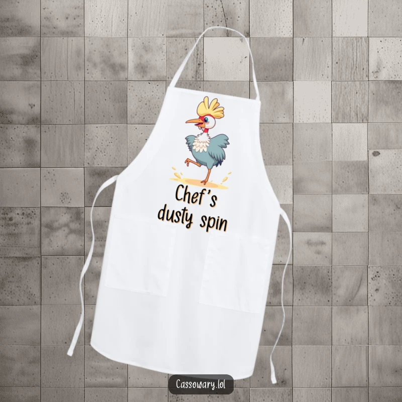Funny cassowary apron, a bird joyfully leaping and kicking dust, designed for cheerful cooking and adding a humorous touch.