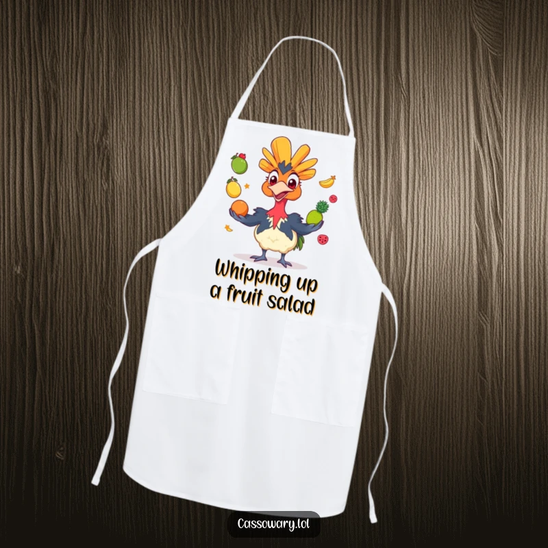 Funny cassowary apron featuring a grinning bird juggling colorful fruits, ideal for kitchen fun and adding a humorous, artistic touch.