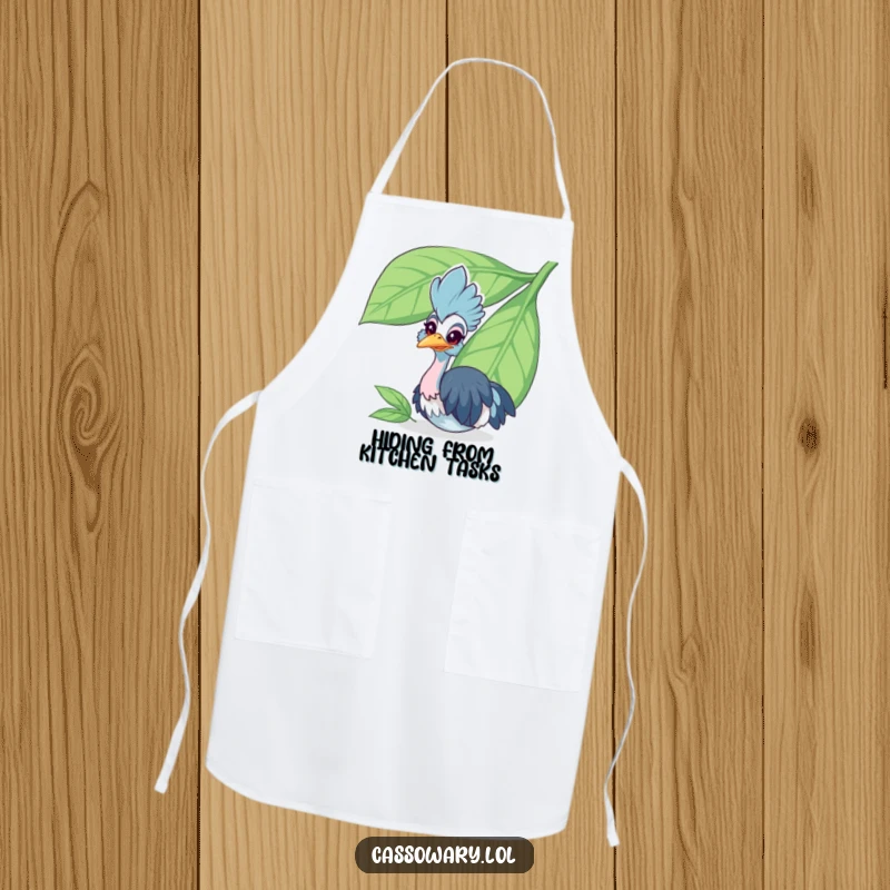 Funny cassowary apron featuring a cheerful bird peeking from behind a large leaf, ideal for kitchen fun and adding a humorous touch.