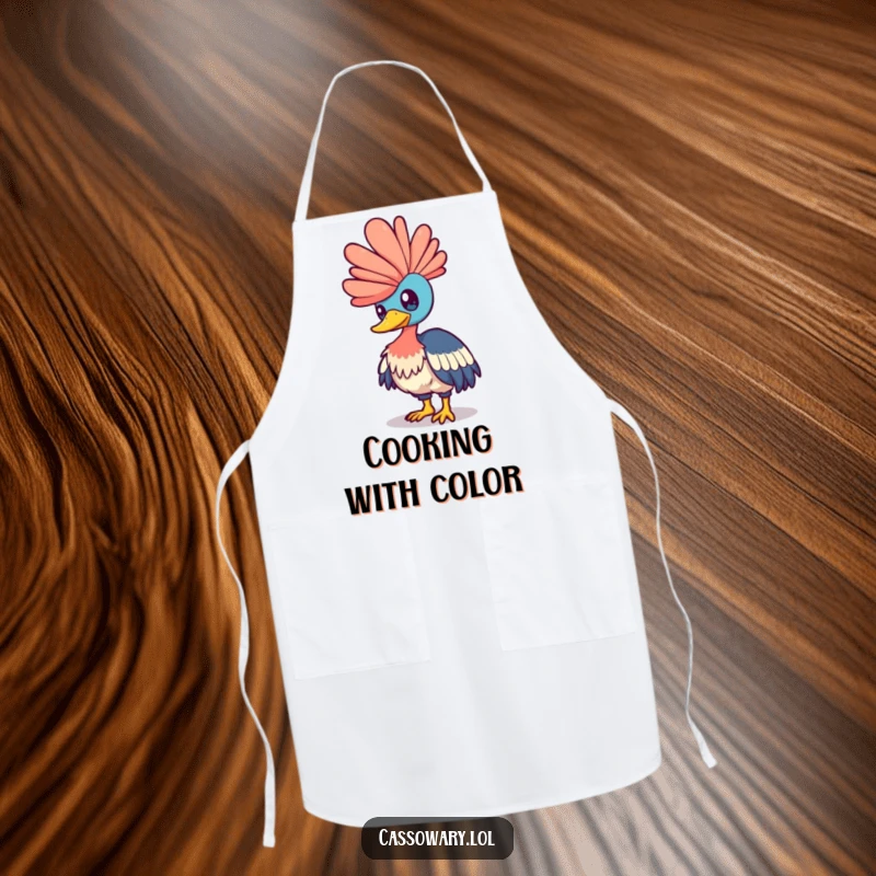 Funny cassowary apron featuring a bird playfully nudging a shimmering rainbow, designed for whimsical cooking and kitchen fun.