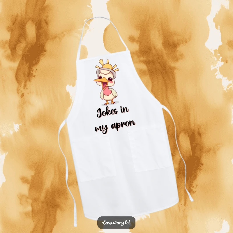 Funny apron featuring a cassowary giggling while wearing a silly hat, perfect for adding humor to cooking and baking.