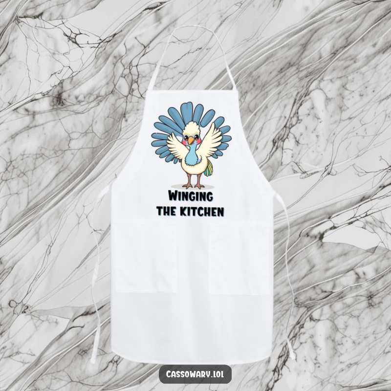 Funny kawaii cassowary apron showing a friendly bird waving its wing, ideal for protecting clothes with a welcoming design.