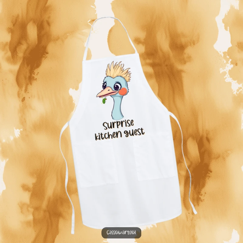 Funny apron featuring a cassowary looking surprised as a tiny caterpillar crawls on its beak, ideal for kitchen fun and unexpected moments.