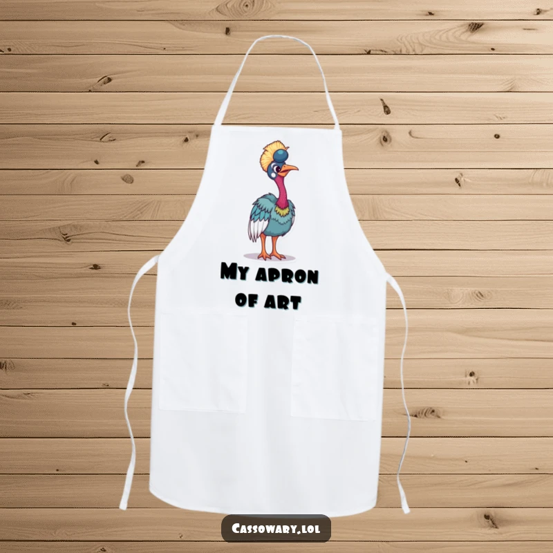 Funny cassowary apron showing a bird tilting its body to display vibrant plumage, adding humorous color to the kitchen.