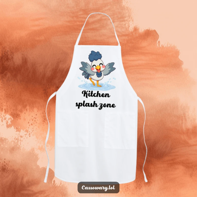 Funny apron featuring a cassowary joyfully splashing in a puddle, ideal for kitchen messes and adding a playful touch.