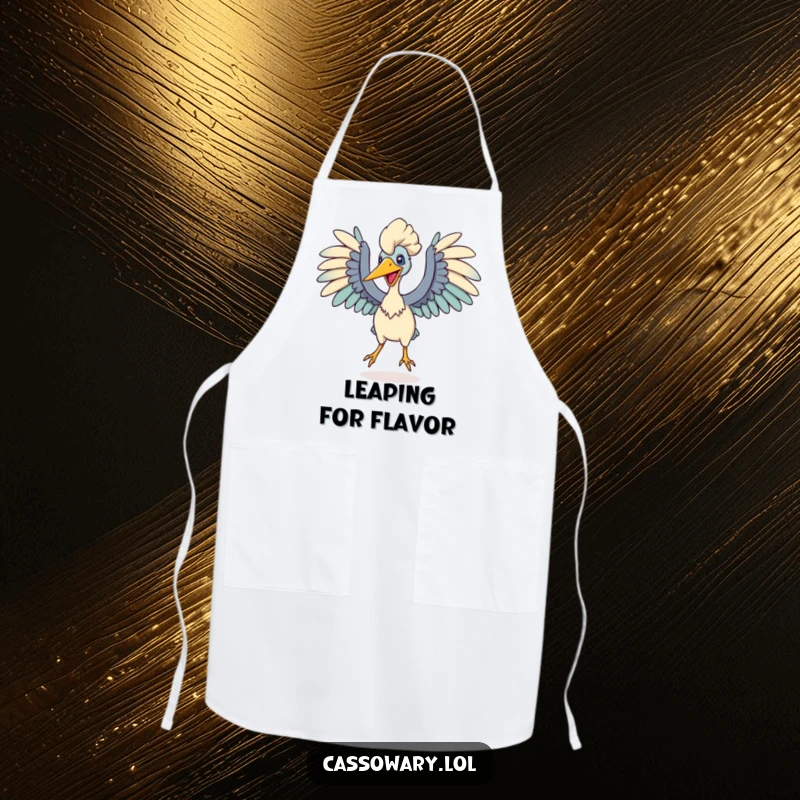 Funny apron illustrating a cassowary with wings spread wide, poised to leap into action, perfect for culinary adventures.