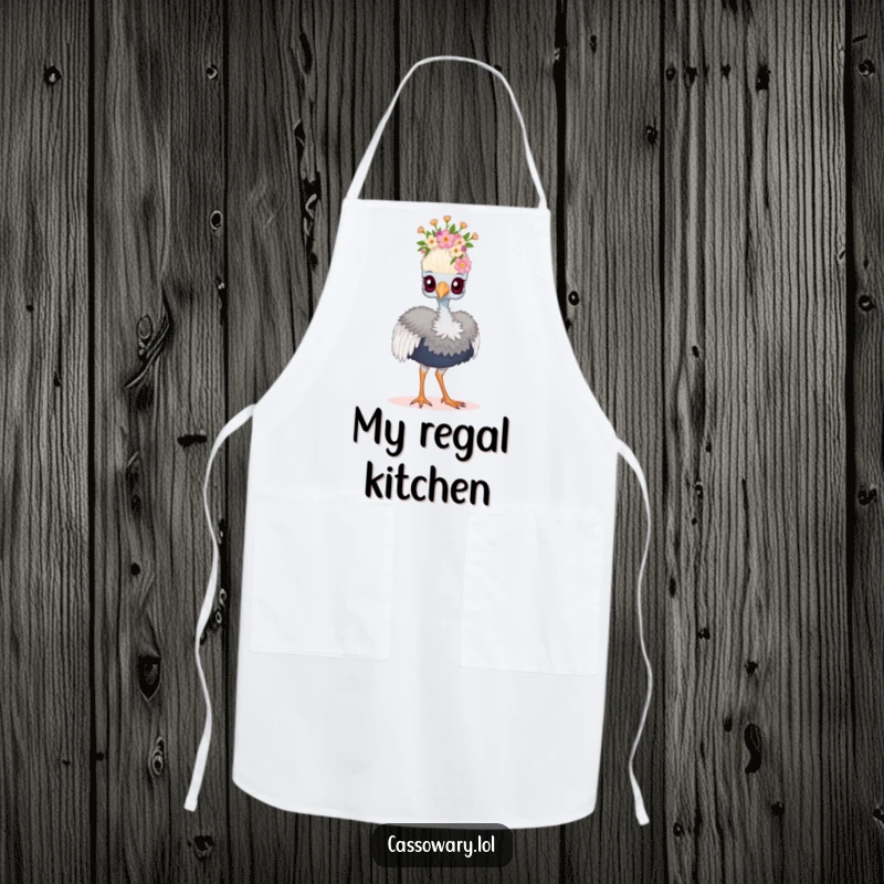 Funny cassowary apron showing a bird wearing a floral crown and strutting proudly, perfect for a humorous, regal cook.