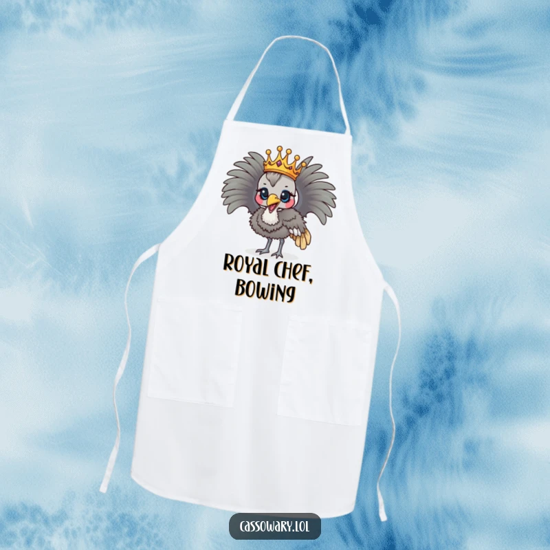 Funny cassowary wearing a crown, parading proudly, humorous kitchen apron.