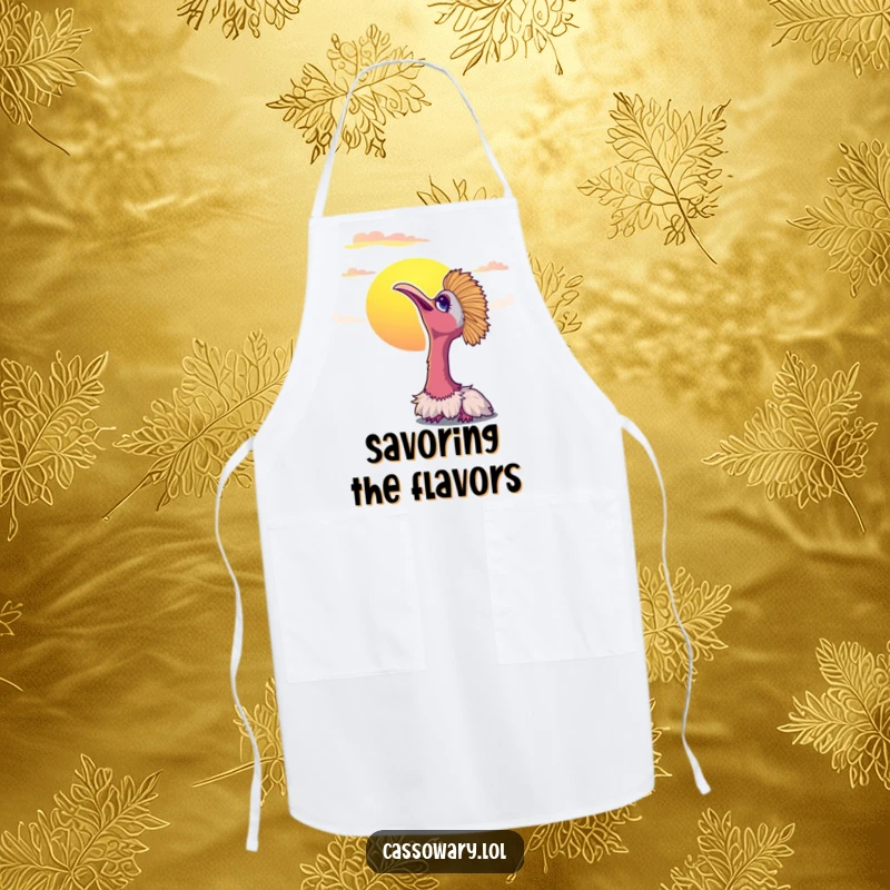 Funny cassowary apron depicting a bird peacefully watching a vibrant sunset. Functional kitchen art.