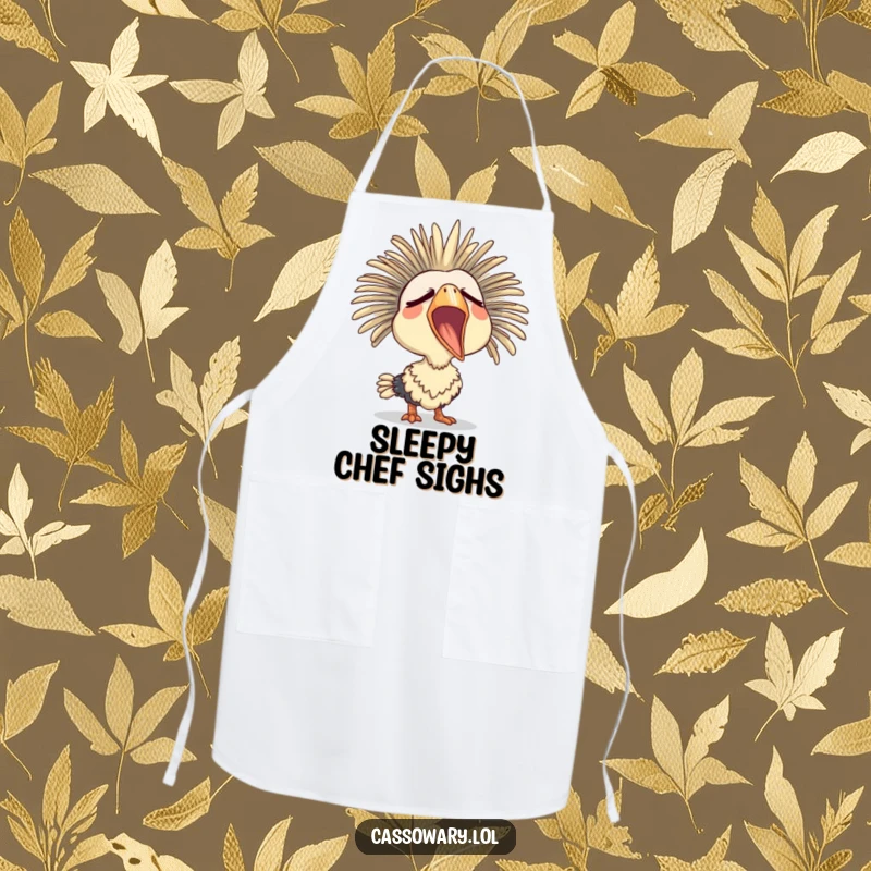 Funny apron featuring a cassowary yawning widely with a sleepy expression, adding a touch of humorous calm to cooking.