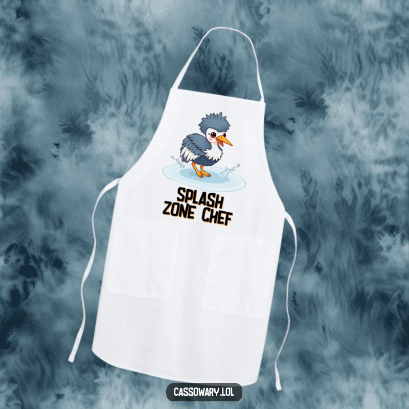 Funny apron with a kawaii cassowary playing in a water puddle, adding a splash of humor and protection to kitchen activities.