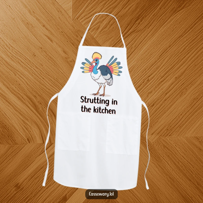 Funny cassowary apron featuring a bird doing a proud strut with its colorful neck feathers, designed for confident cooking.