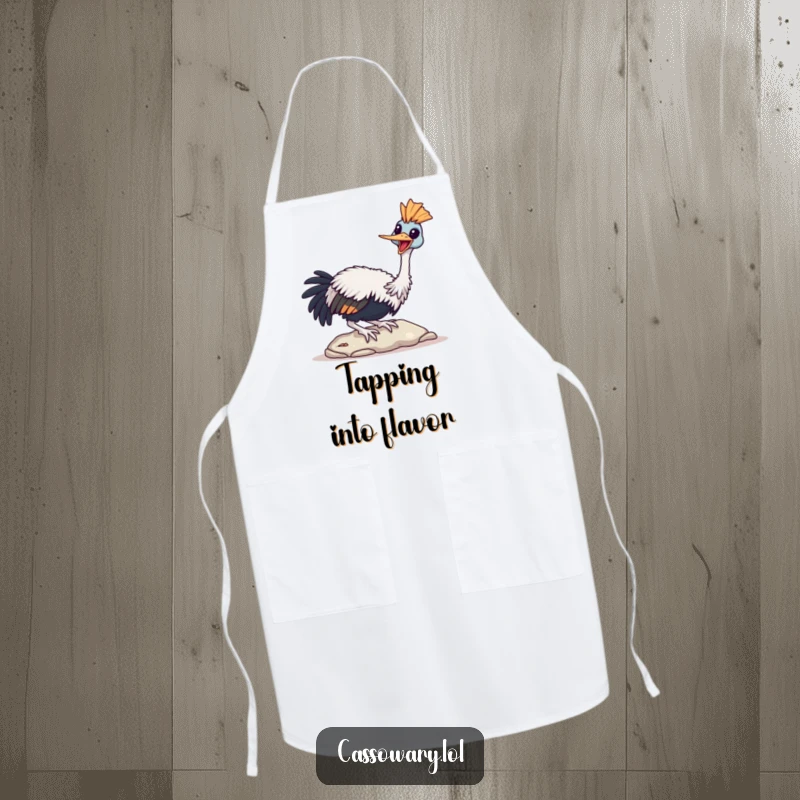 Funny Cassowary Apron showing a bird joyfully tapping its beak on a stone, ideal for happy cooking.