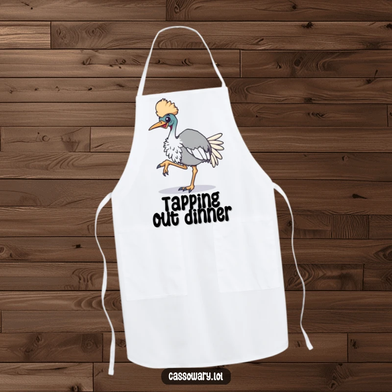 Funny cassowary apron, a kitchen accessory featuring an enthusiastic cassowary bird tapping its foot, bringing rhythm and humor to cooking.