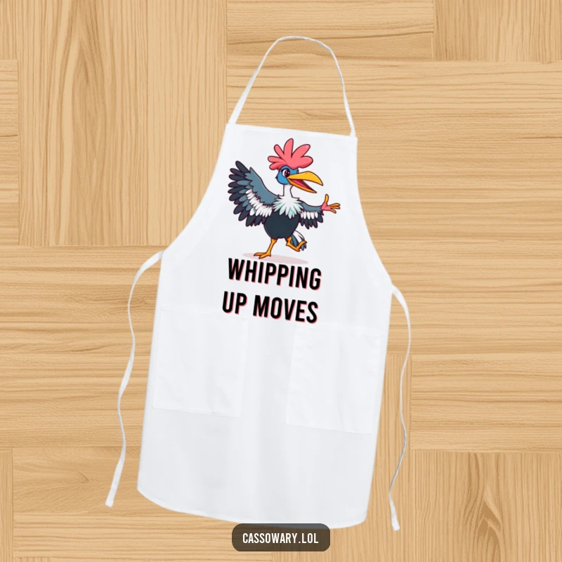 Funny cassowary apron featuring a vibrant, grinning bird performing a dance move, ideal for kitchen fun and humor.