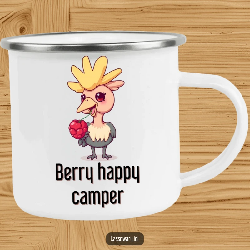 Funny cassowary camping mug, a rugged mug showing a delighted cassowary bird with a berry, perfect for outdoor sipping and humor.