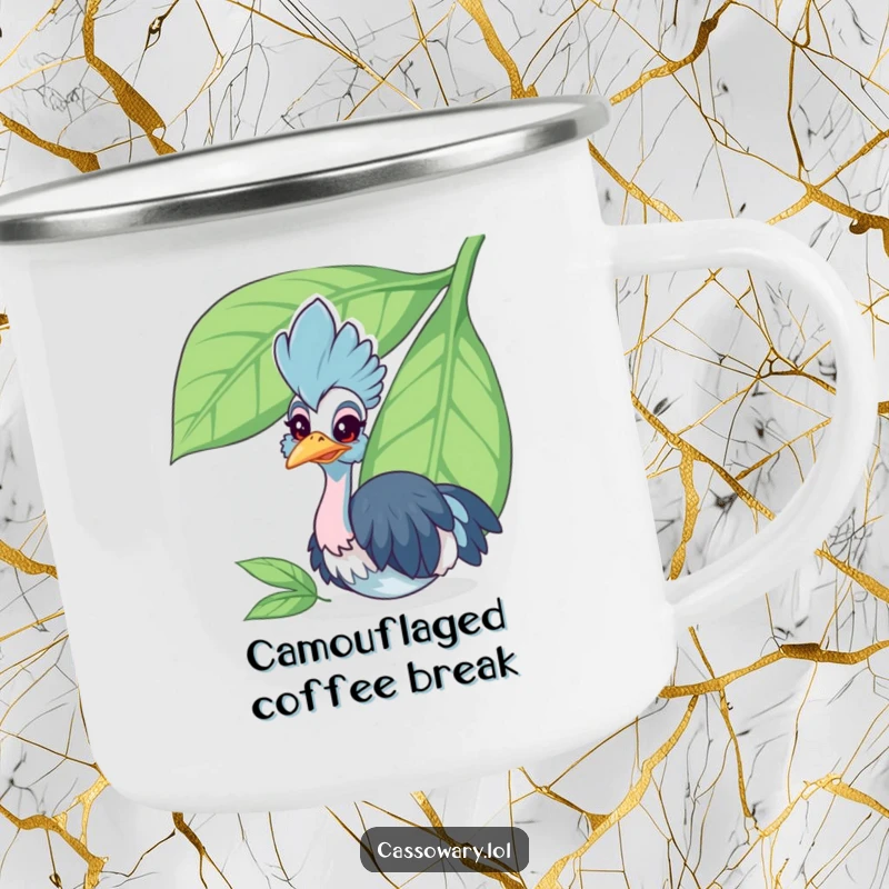 Funny cassowary camping mug showing a cheerful bird peeking from behind a large leaf, perfect for outdoor use with a humorous design.