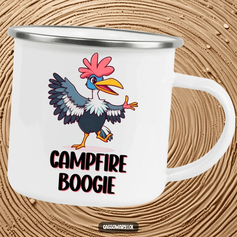 Funny cassowary camping mug with a vibrant, dancing bird showing a playful grin, perfect for outdoor fun.