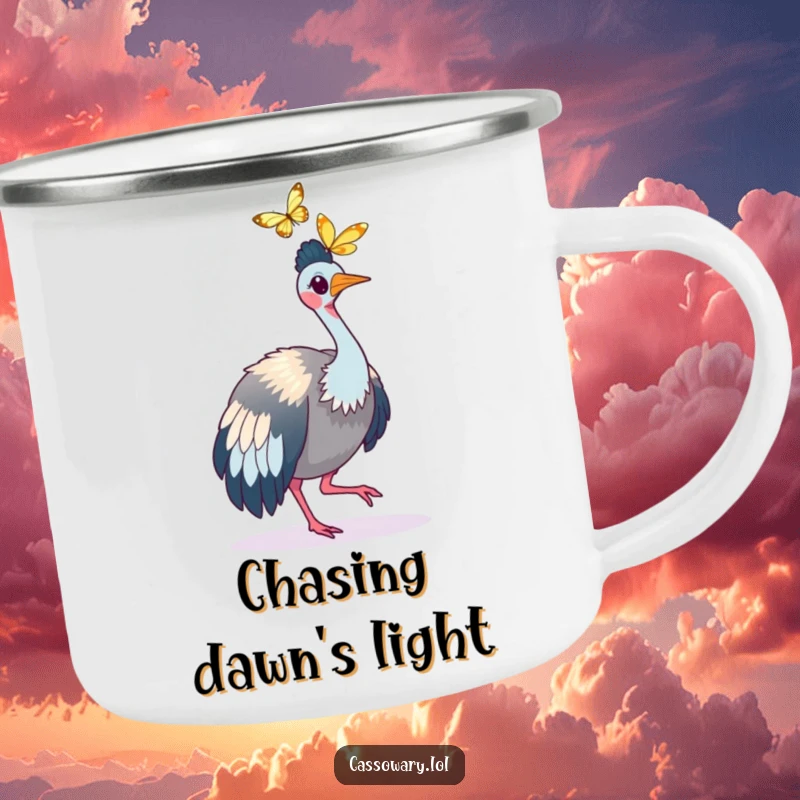 Funny Cassowary Butterfly Chase Camping Mug: A cassowary chasing a butterfly, ready for outdoor fun. Funny gift.