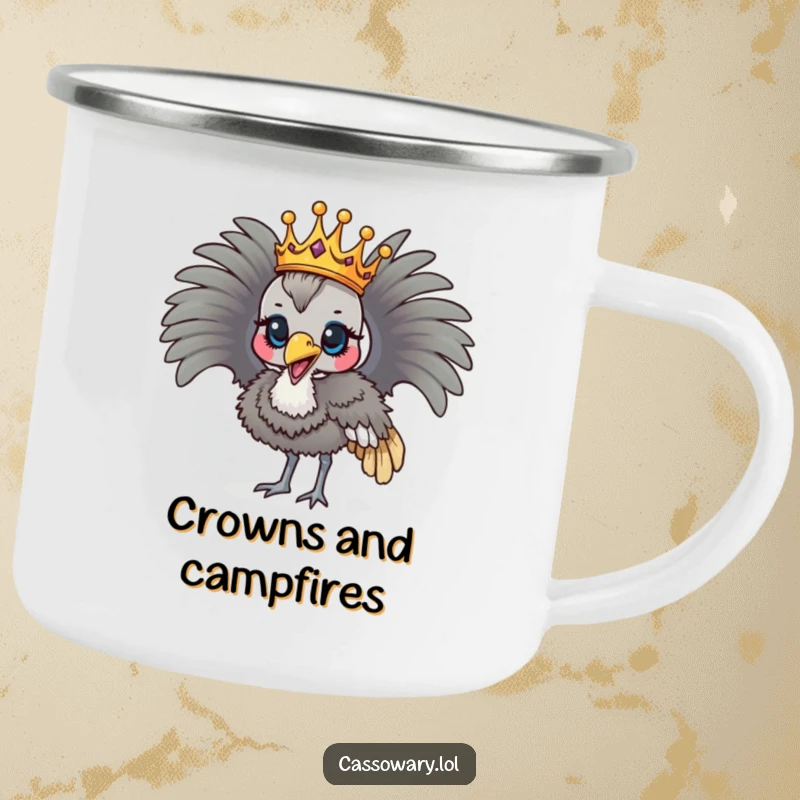 Funny cassowary wearing a crown, parading proudly, durable and humorous camping mug.