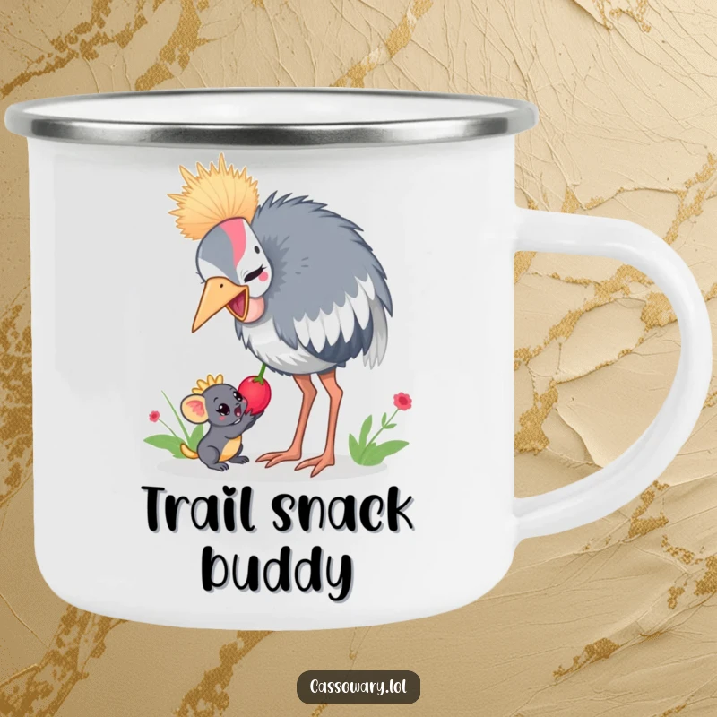 Funny cassowary camping mug featuring a cassowary sharing a juicy berry with a small jungle creature, perfect for outdoor trips.