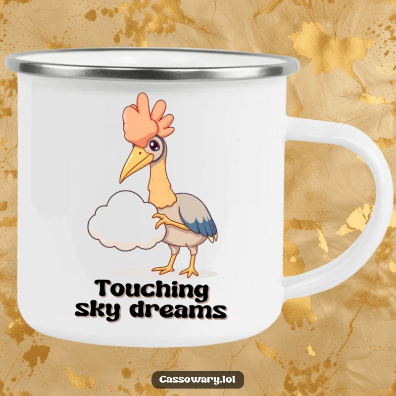 Funny camping mug showing a cassowary reaching a claw to touch a fluffy cloud, perfect for outdoor lovers with a whimsical spirit.