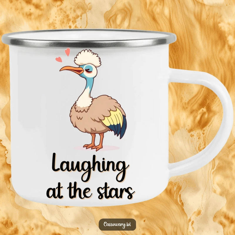 Funny Cassowary Laugh Camping Mug: A rugged mug with a cassowary tipping its head back, laughing silently with humorous delight outdoors.