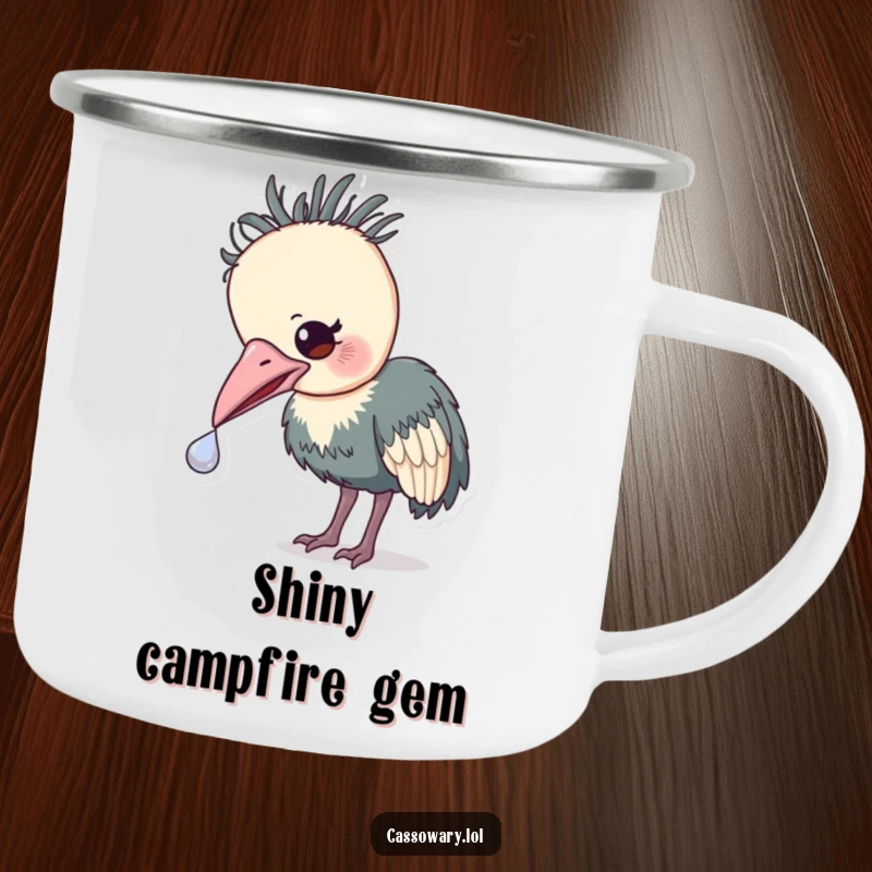 Funny Cassowary Treasure Camping Mug: A rugged mug with a cassowary gently nudging a shiny object, symbolizing outdoor discoveries.