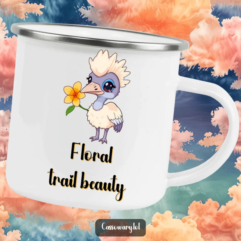 Funny camping mug featuring a curious cassowary with a flower behind its ear, ideal for warm drinks and moments of contemplation.
