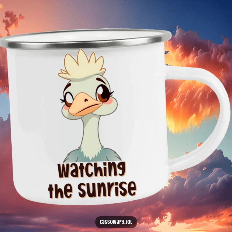 Funny cassowary camping mug showing an amused bird, ideal for outdoor enthusiasts who appreciate a humorous and durable cup.