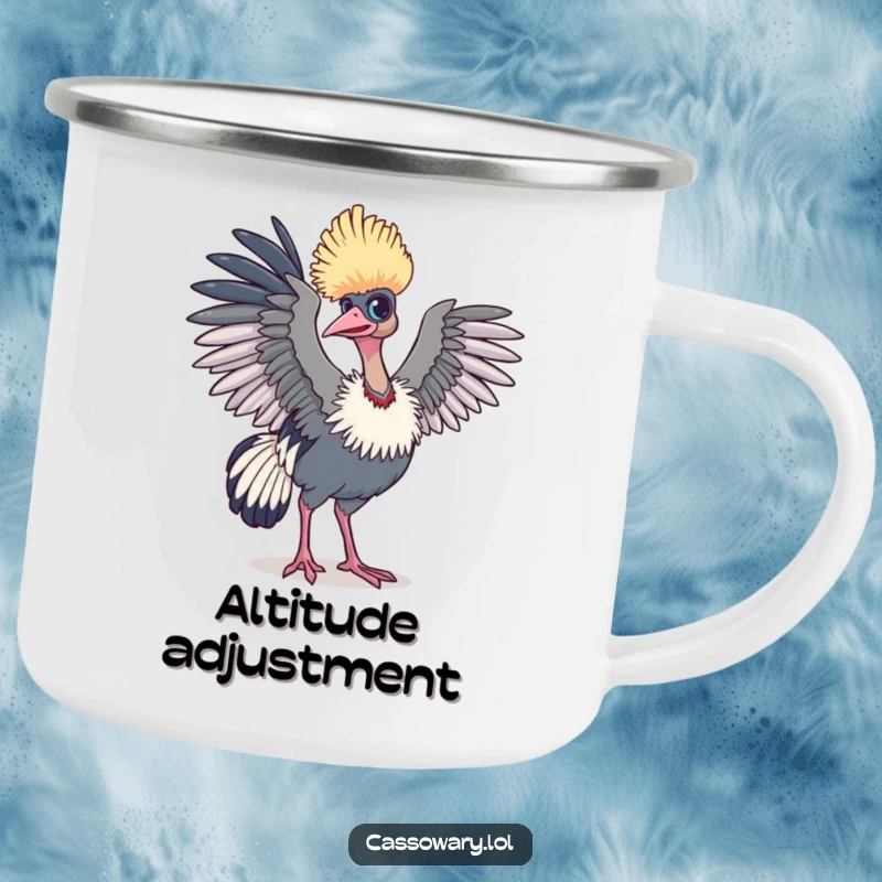 Funny cassowary camping mug showing a bird with wings slightly raised, ready for flight, perfect for outdoor adventures.