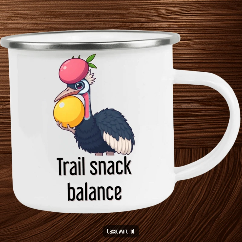 Funny Cassowary camping mug showing a cassowary balancing a large fruit on its head, perfect for outdoor use with a humorous design.