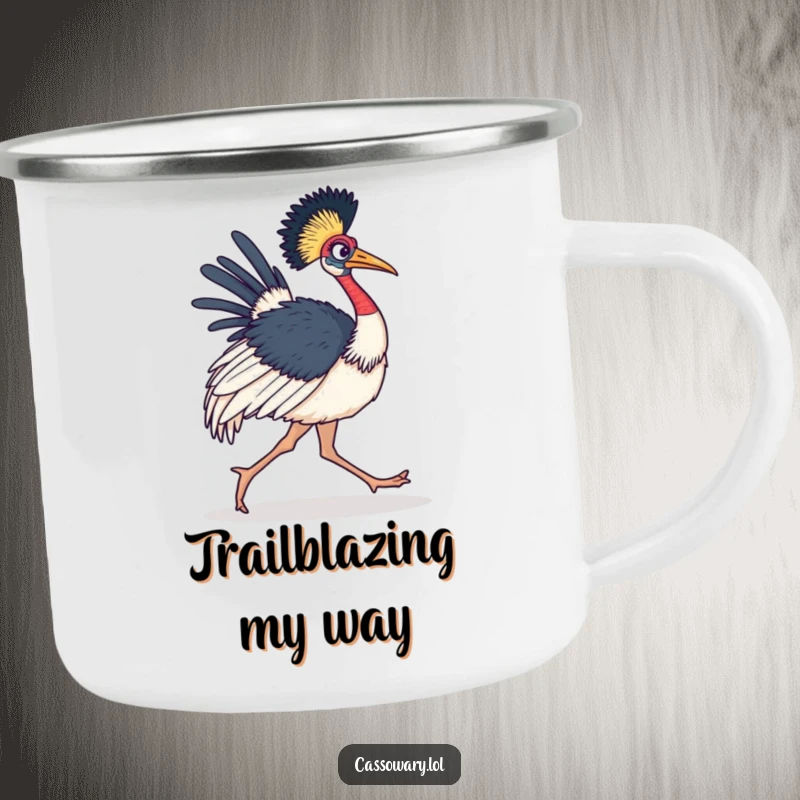 Funny Cassowary Camping Mug with a determined bird marching forward, ready for purposeful adventures.