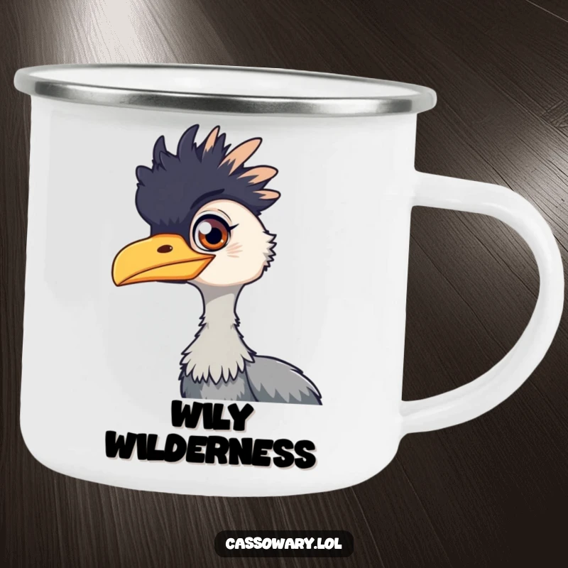 Funny cassowary camping mug, a rugged mug showing a cassowary with a playful gleam in its eye, perfect for outdoor humor and charm.