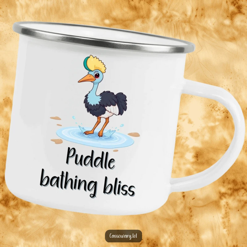 Funny cassowary camping mug with a bird playfully splashing in a small puddle with a happy splash, great for outdoors.