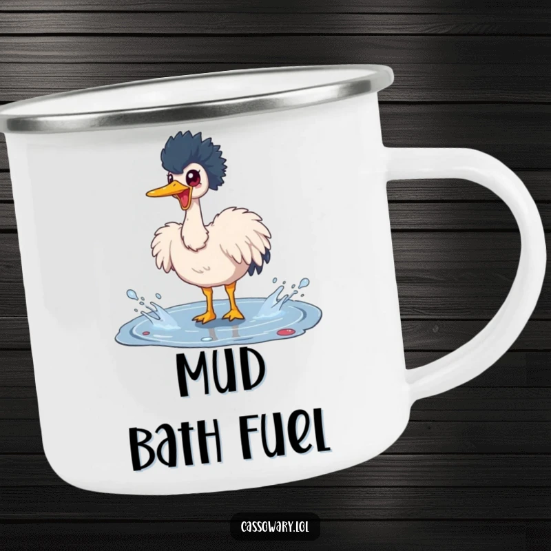 Funny cassowary camping mug depicting a happy bird splashing in a puddle, ideal for outdoor use with a humorous and artistic design.