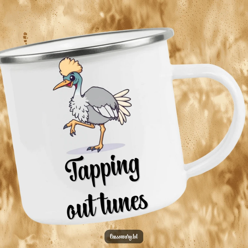 Funny cassowary camping mug, a rugged mug showing an enthusiastic cassowary bird tapping its foot, perfect for outdoor energy and humor.