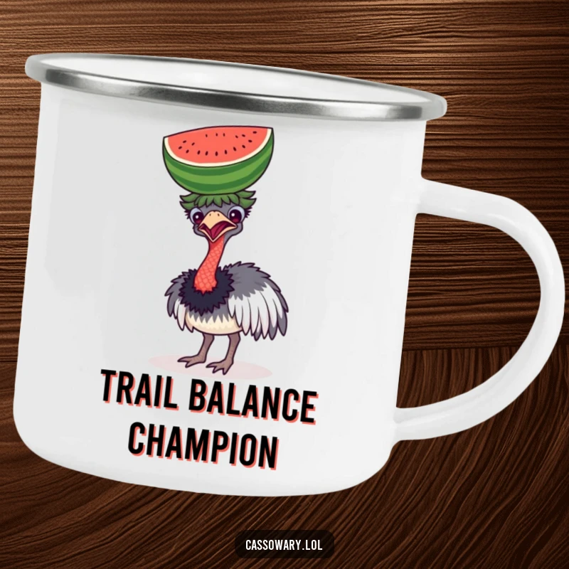 Funny camping mug featuring a cassowary comically balancing a watermelon on its head, ideal for warm drinks and outdoor fun.