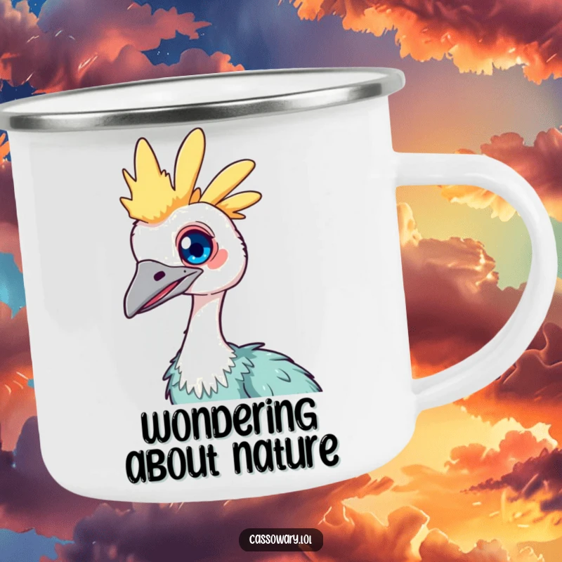 Funny Kawaii Cassowary Camping Mug: Durable cup featuring a cute bird with a bright eye, curiously tilting its head, for outdoor enjoyment.