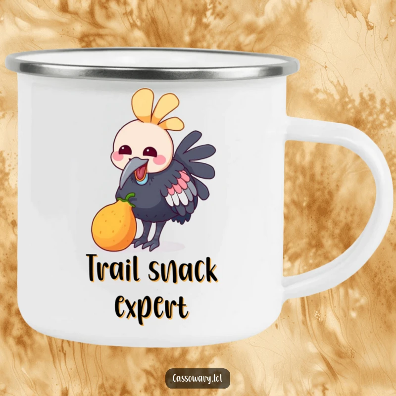 Funny camping mug showing a kawaii cassowary joyfully pecking at a colorful fruit, perfect for enjoying drinks and snacks outdoors.