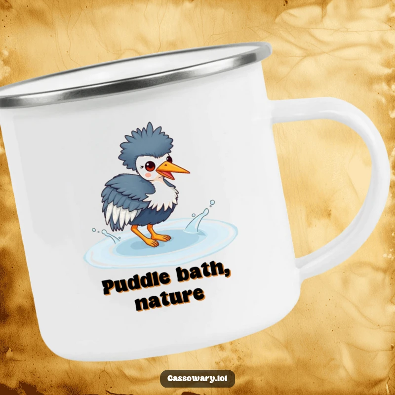 Funny camping mug showcasing a kawaii cassowary playfully splashing in a puddle, ideal for enjoying drinks outdoors with a smile.