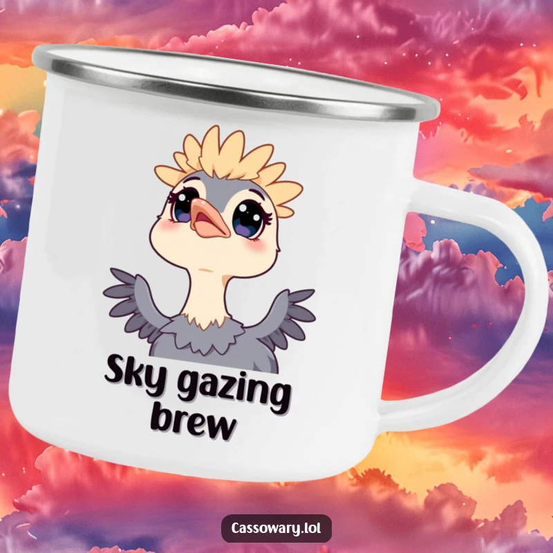 Funny camping mug showing a kawaii cassowary with wide eyes looking up at the sky, inspiring wonder during outdoor adventures.